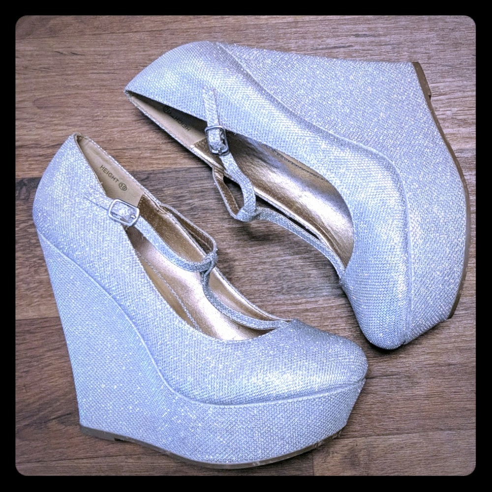 Silver glitter Mary Jane wedges.